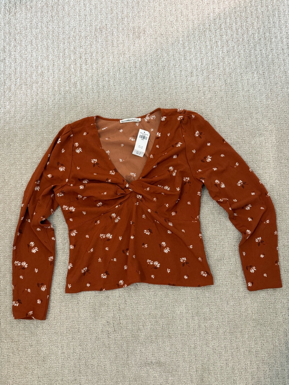 Abercrombie & Fitch Rust Floral Twist-Front Long Sleeve Top